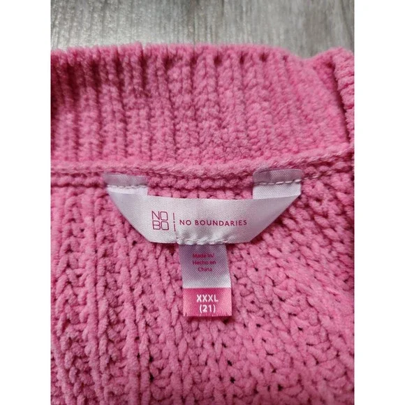 No Boundaries Patchwork Chunky Knit Sweater V Neck Pink Long Sleeve Jrs 3XL GUC - Picture 3 of 8